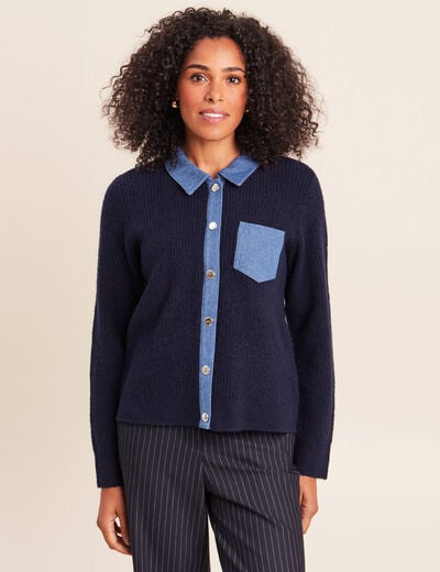 Veste col chemise manches longues bleu fonc&eacute; femme