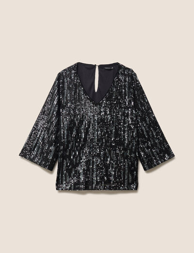 Blouse col v manches 3/4 &agrave; sequins gris fonc&eacute; femme