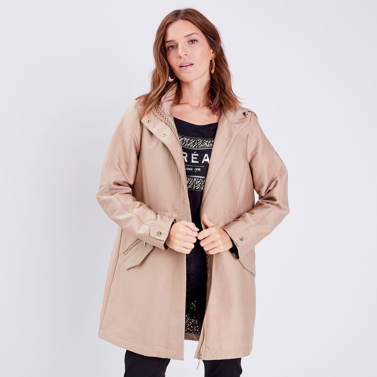 Parka 2-en-1 droite à capuche sable femme