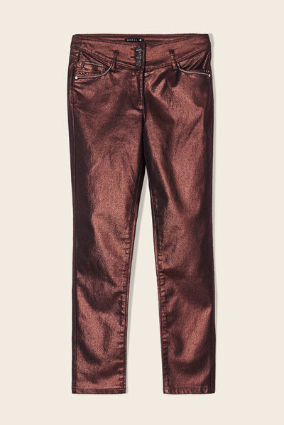Pantalon ajusté aspect irisé marron foncé femme