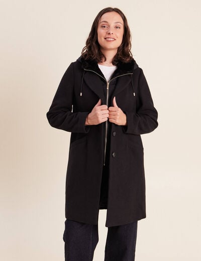 Manteau ajust&eacute; capuche amovible noir femme
