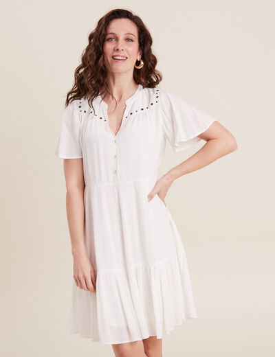 Robe évasée oeillets et clous ecru femme