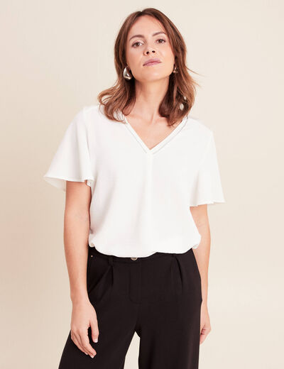 T-shirt bi-mati&egrave;re manches courtes ecru femme