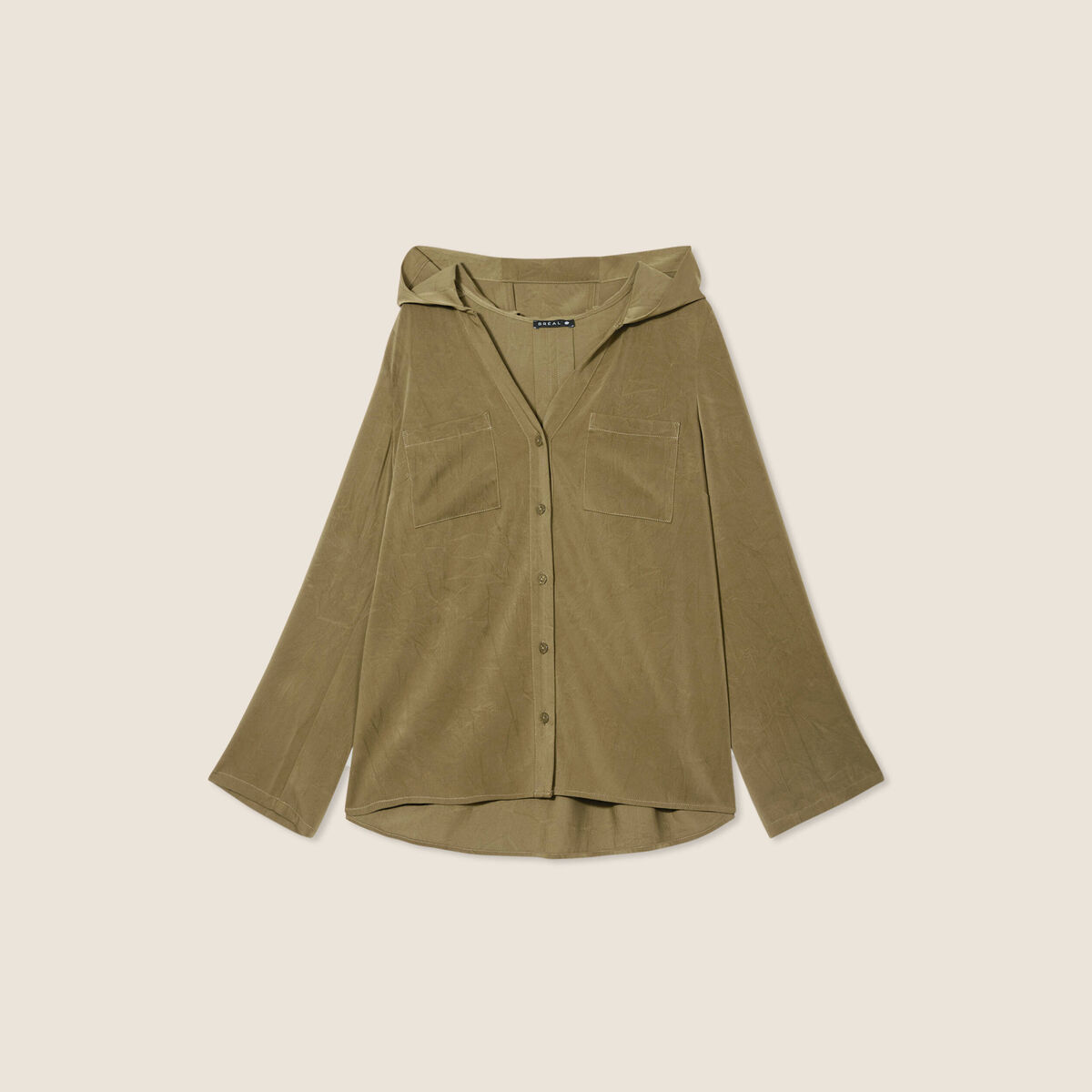 Blouse manches 3/4 à capuche vert olive femme