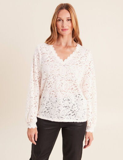 Blouse col v manches longues ecru femme