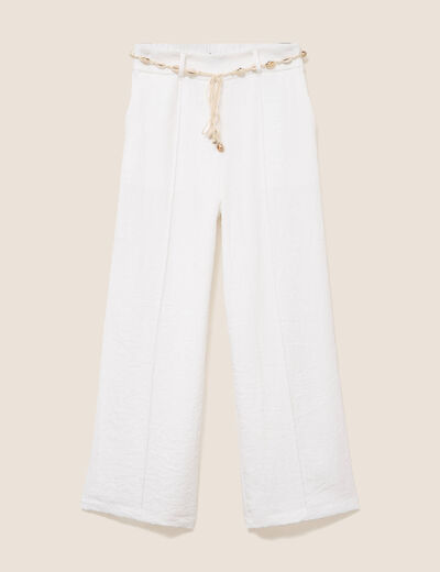 Pantalon large taille haute aspect lin blanc femme