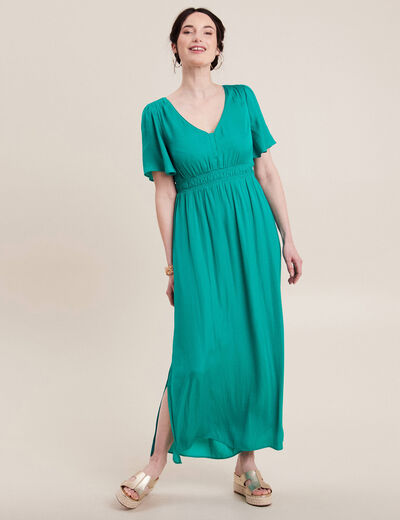 Robe longue évasée satin bleu turquoise femme