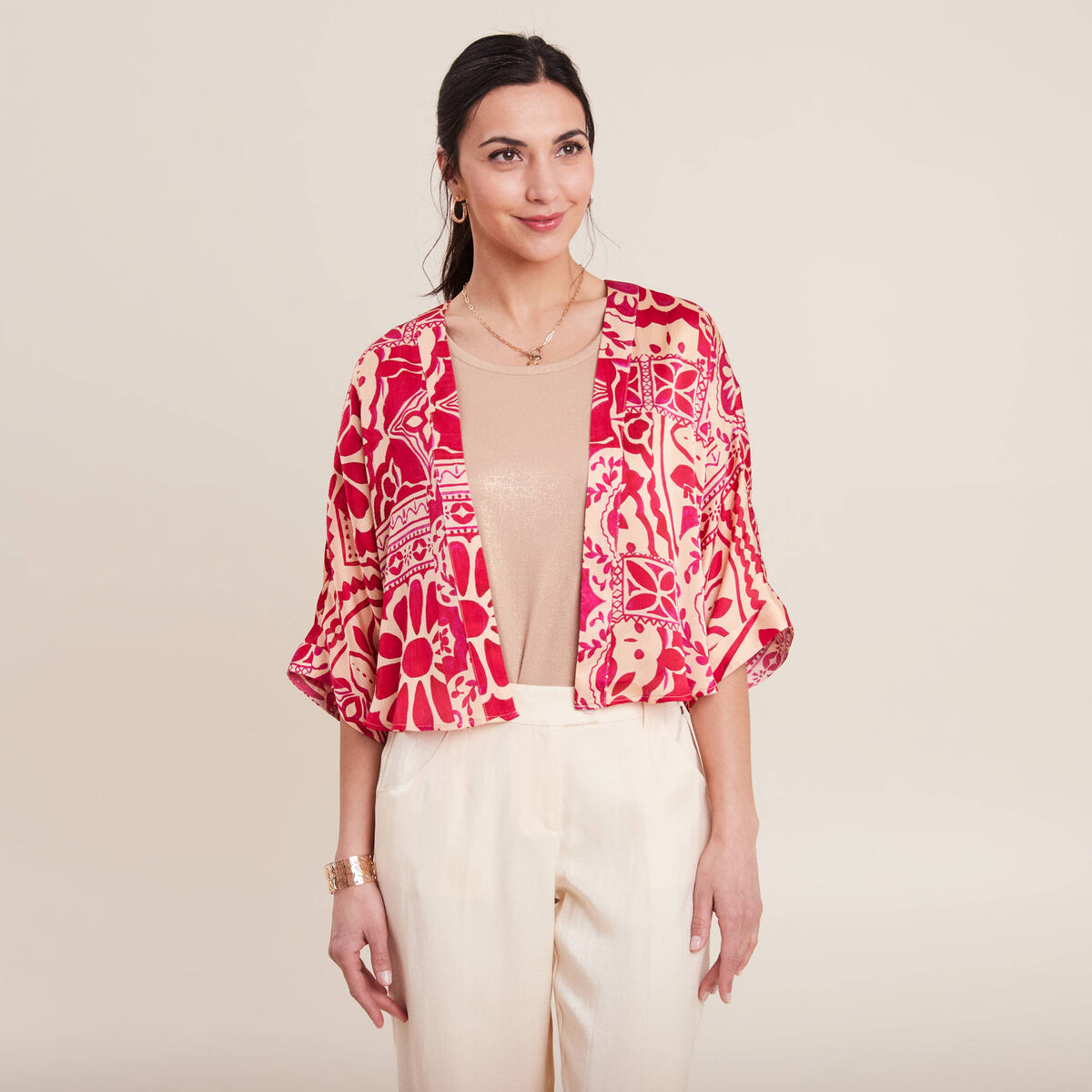 Kimono imprim&eacute; rose fushia femme