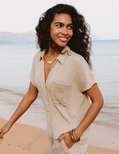 Chemise ample courte manches courtes sable femme