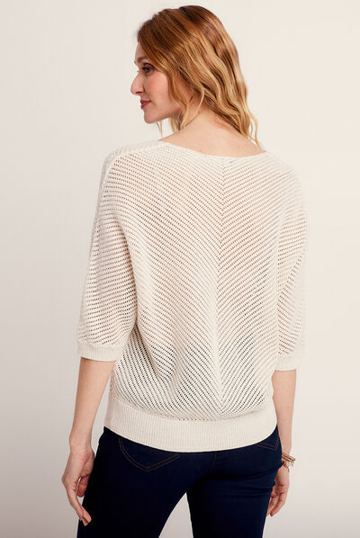 Pull manches 3/4 ajouré ecru femme