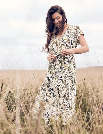robe longue évasée col v manches courtes vert femme