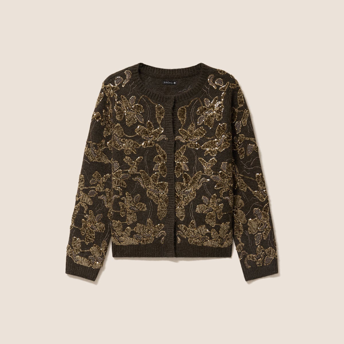 Gilet droit brod&eacute; &agrave; sequins vert kaki femme