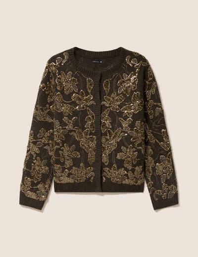 Gilet droit brod&eacute; &agrave; sequins vert kaki femme