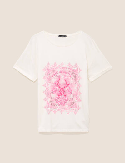 T-shirt col rond manches courtes brod&eacute; ecru femme