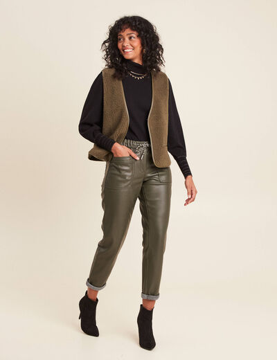 Pantalon paperbag simili cuir vert kaki femme