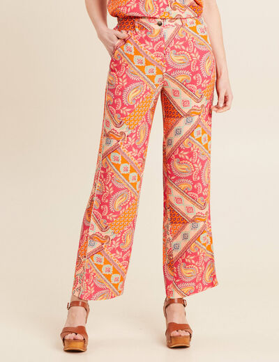 Pantalon large taille haute orange femme