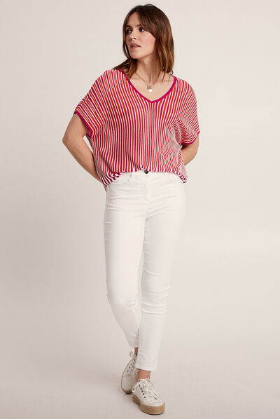 Pull manches courtes col en V rose fushia femme