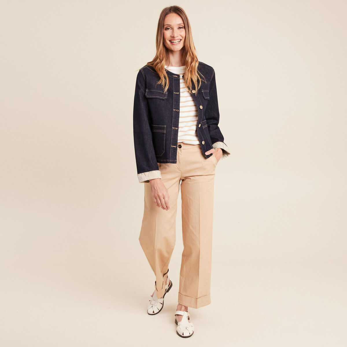 Pantalon large taille basculée beige femme