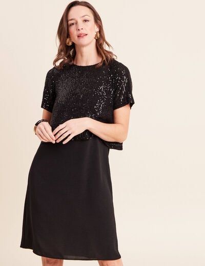 Robe courte &eacute;vas&eacute;e col rond 2 en 1 noir femme