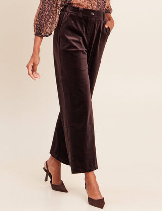 Pantalon large taille haute marron fonc&eacute; femme