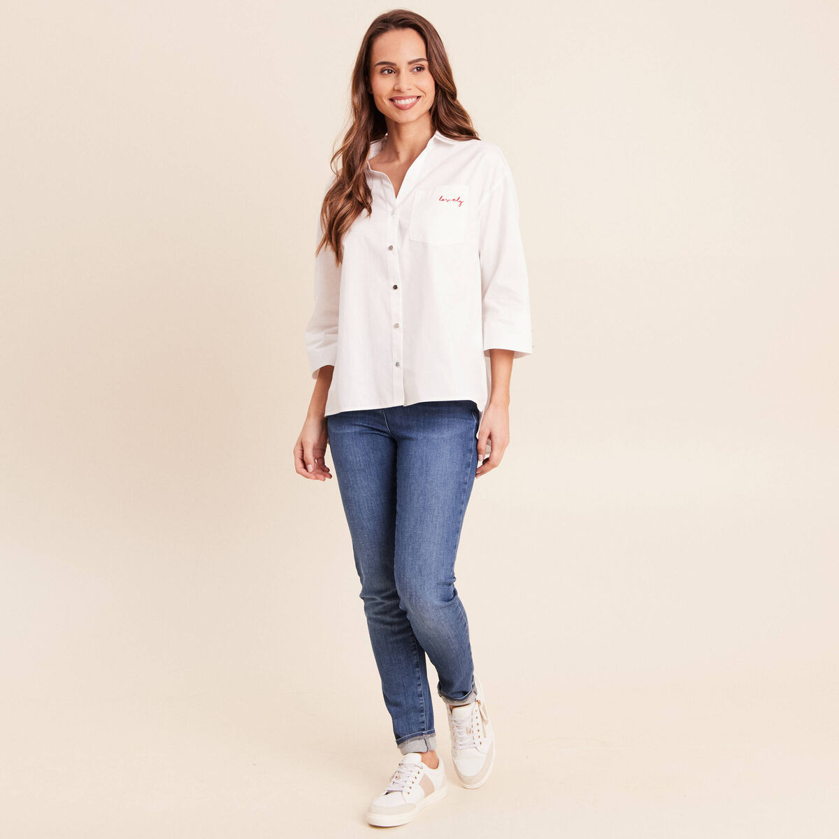 Chemise ample en coton manches 3/4 ecru femme