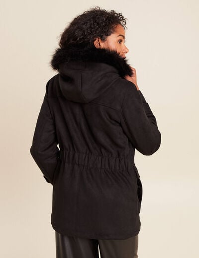 Manteau cintr&eacute; mi-long &agrave; capuche noir femme