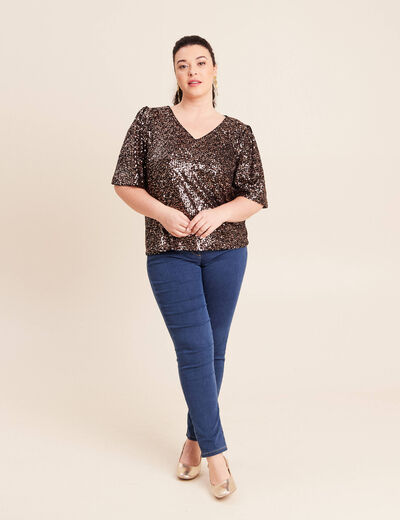 T-shirt &agrave; sequins manches coudes marron fonc&eacute; femme