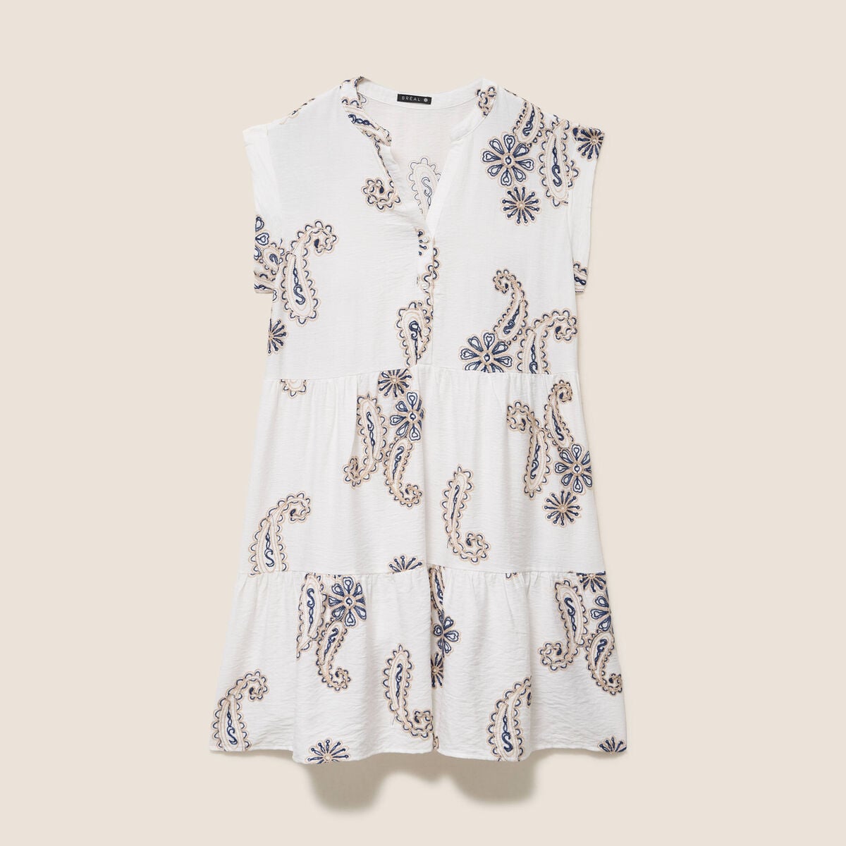 Robe courte &eacute;vas&eacute;e col tunisien brod&eacute;e bleu femme