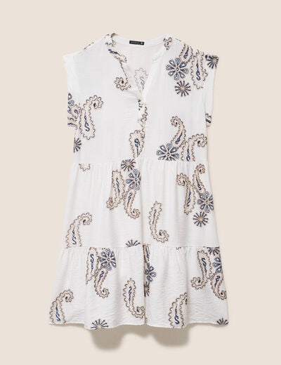 Robe courte &eacute;vas&eacute;e col tunisien brod&eacute;e bleu femme