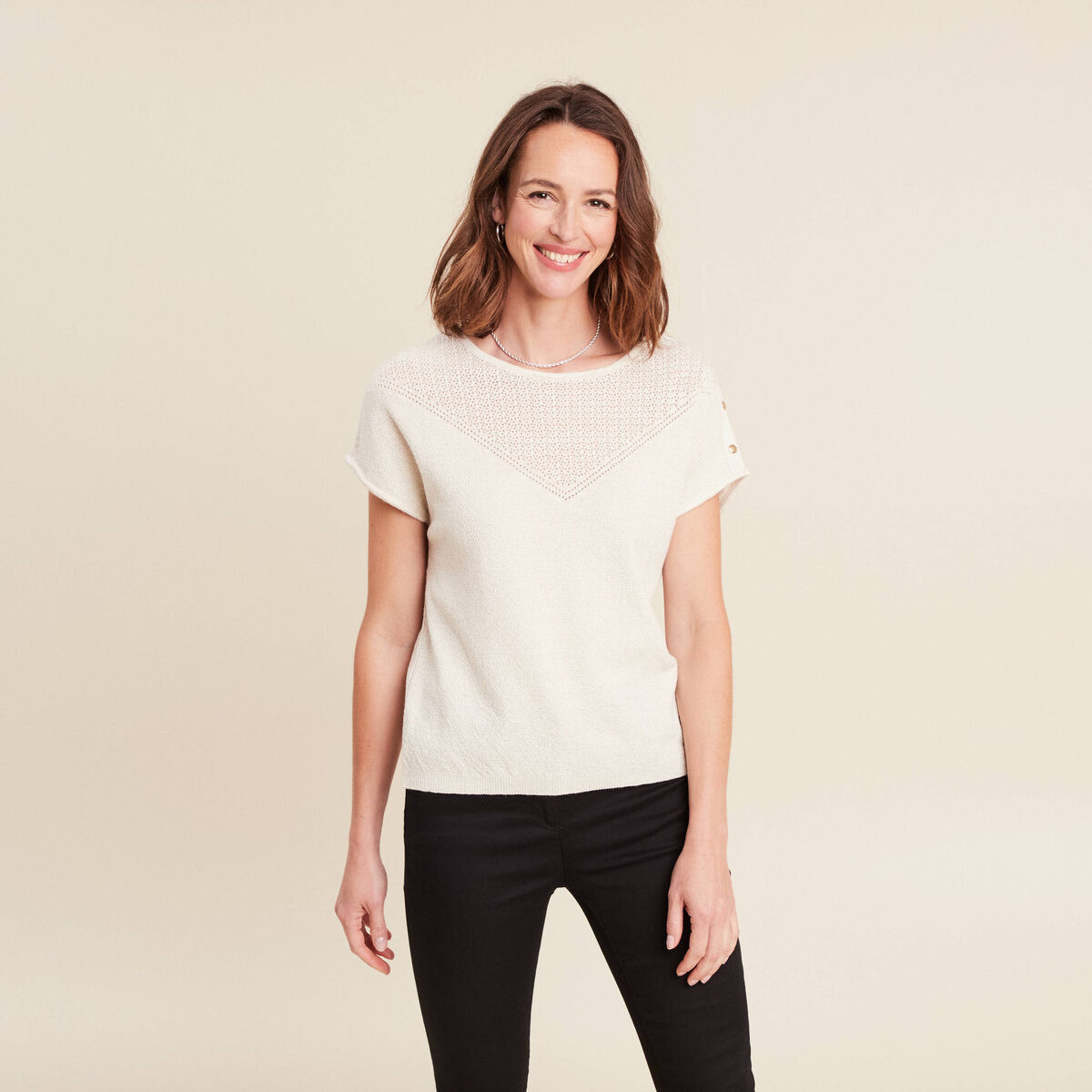 Pull manches courtes ecru femme