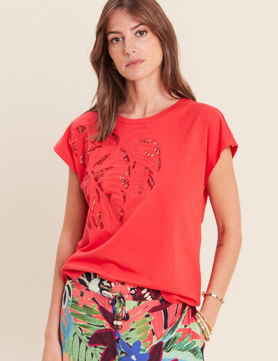 T-shirt &agrave; sequins manches courtes rouge femme