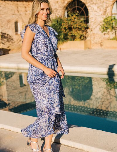 Robe longue portefeuille bleu femme