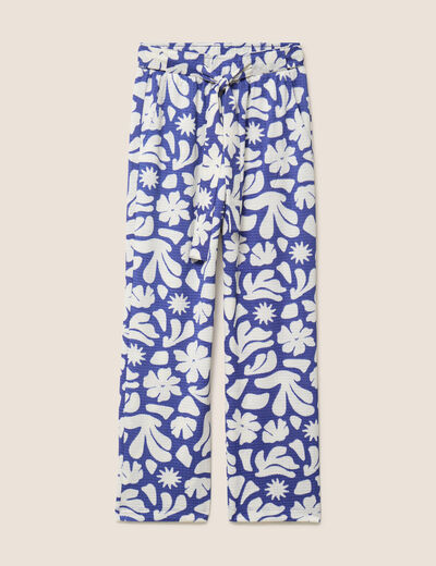 Pantalon coupe large 7/8&egrave;me taille haute bleu femme