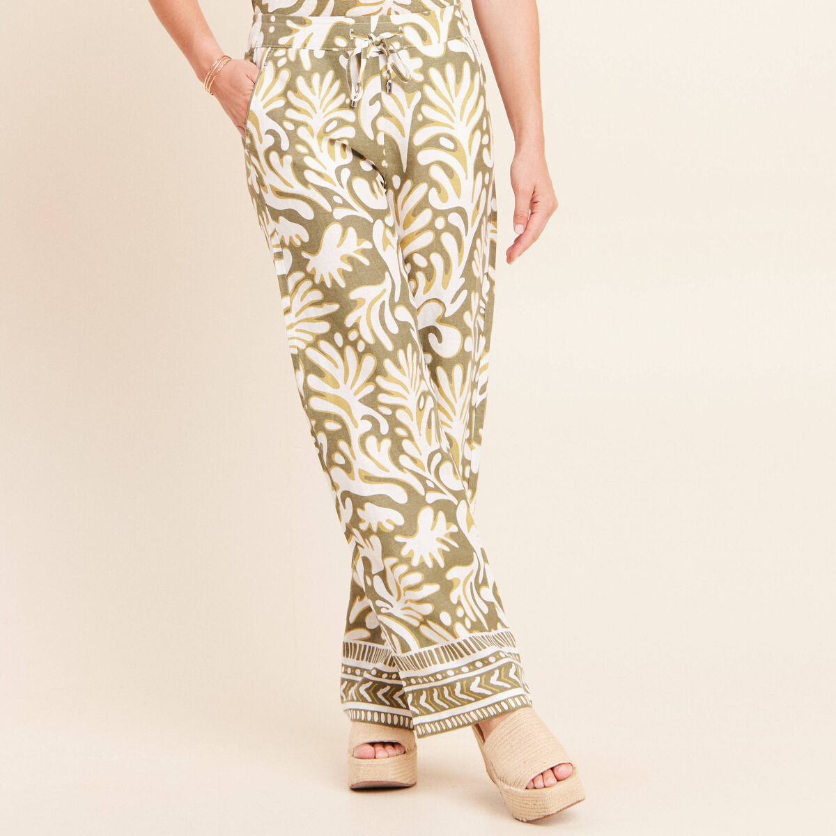 Pantalon large taille haute aspect lin vert femme