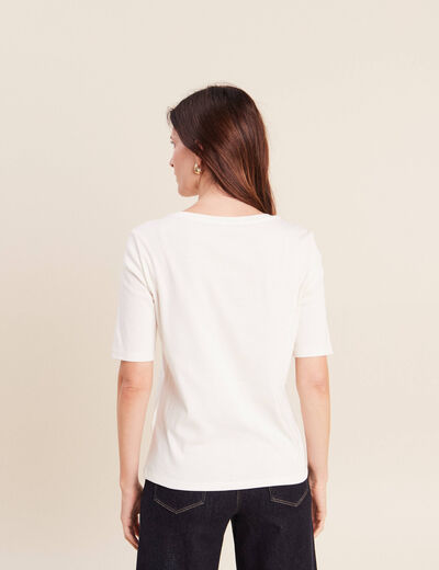 T-shirt ajust&eacute; col rond manches coudes ecru femme