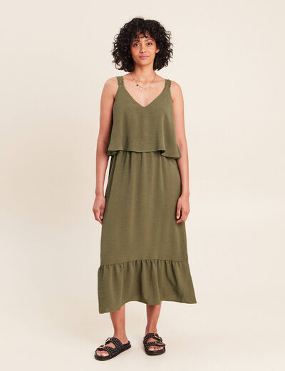 Robe fluide &eacute;vas&eacute;e &agrave; fines bretelles vert kaki femme