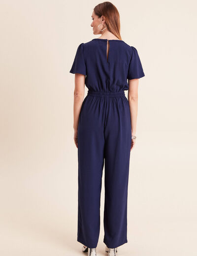 Combinaison large col v manches courtes bleu marine femme