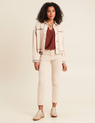 Pantalon chino brodé 7/8ème denim beige femme
