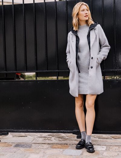 Manteau 2 en 1 droit &agrave; capuche gris clair femme
