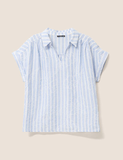 Blouse ample col chemise manches courtes bleu femme