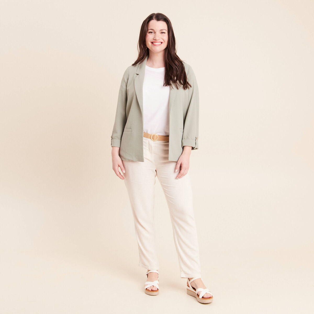 Veste longue droite col tailleur vert clair femme