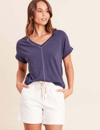 T-shirt droit cropped manches courtes bleu marine femme