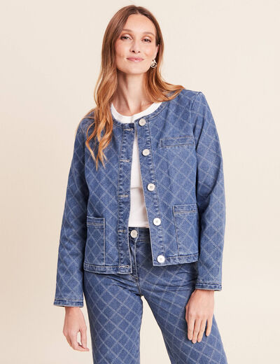 Veste courte droite en jean doubl&eacute;e denim stone femme