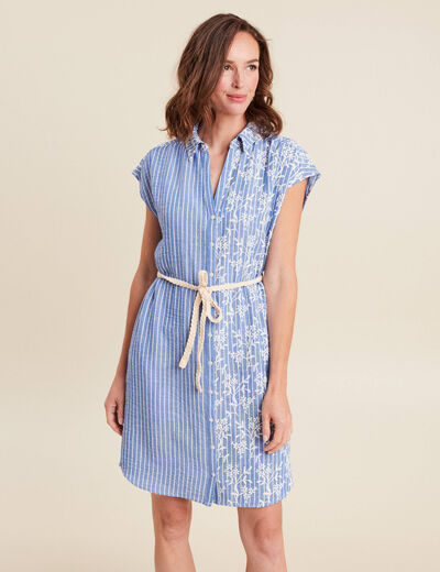 Robe droite courte col chemise ceinture bleu clair femme