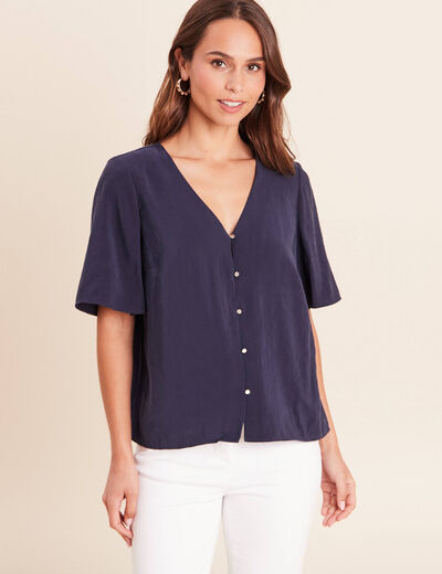 Blouse ample col v manches courtes bleu marine femme