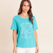 T-shirt col rond manches courtes brod&eacute; vert turquoise femme