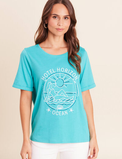 T-shirt col rond manches courtes brod&eacute; vert turquoise femme