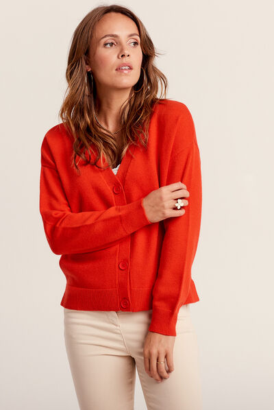 Gilet manches longues col en V orange femme
