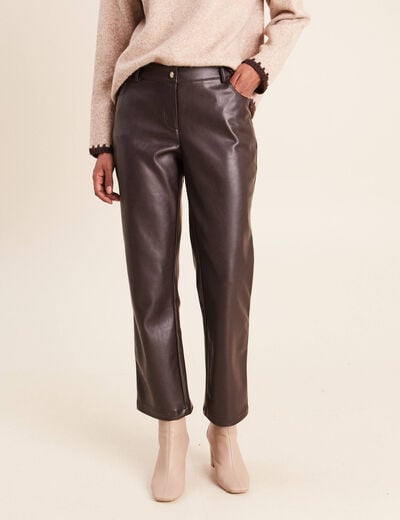 Pantalon droit 7/8&egrave;me taille bascul&eacute;e marron fonc&eacute; femme