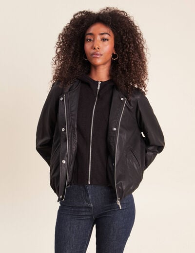 Blouson capuche bas resserr&eacute; similicuir noir femme